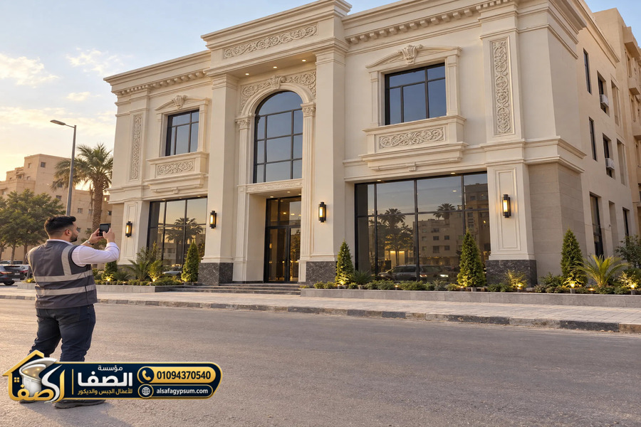 واجهة فيلا بعناصر GRC معمارية بعد اكتمال التركيب