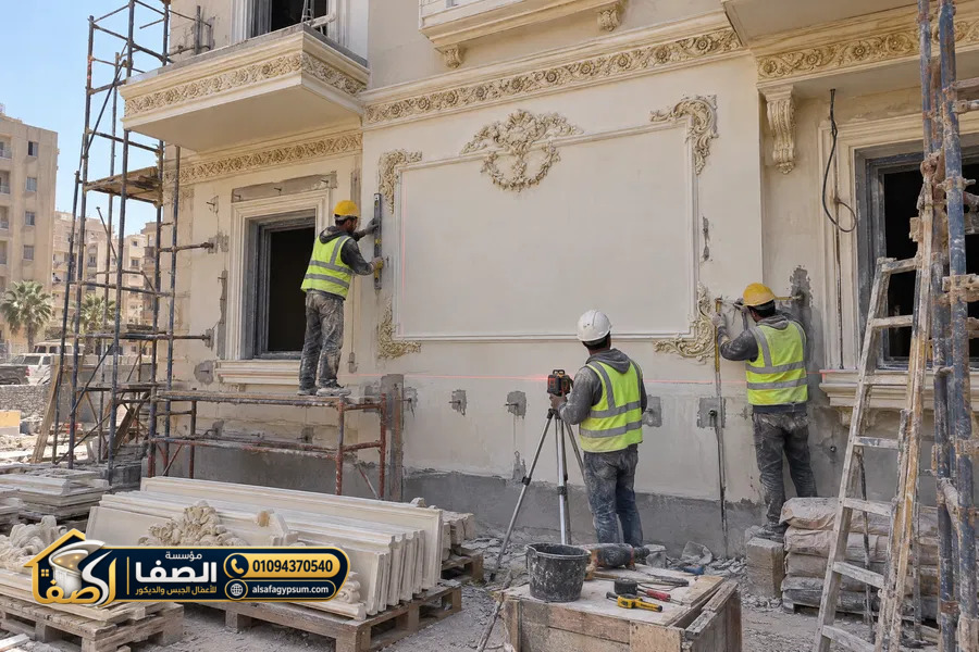 استلام ومراجعة عناصر GRC وترتيبها قبل التركيب في موقع المشروع بالقاهرة