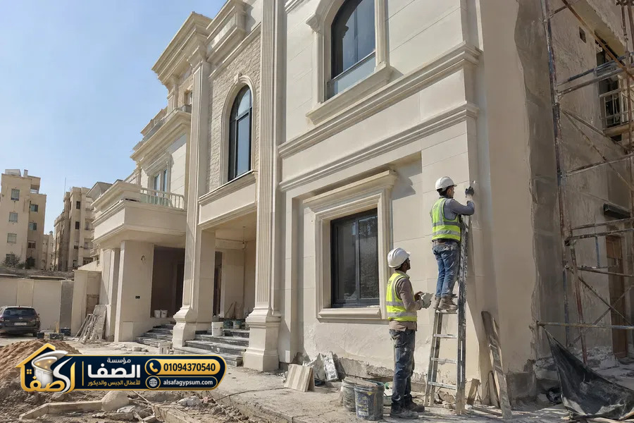 مراجعة استقامة وفواصل عناصر GRC بعد التركيب في واجهة مبنى بالقاهرة
